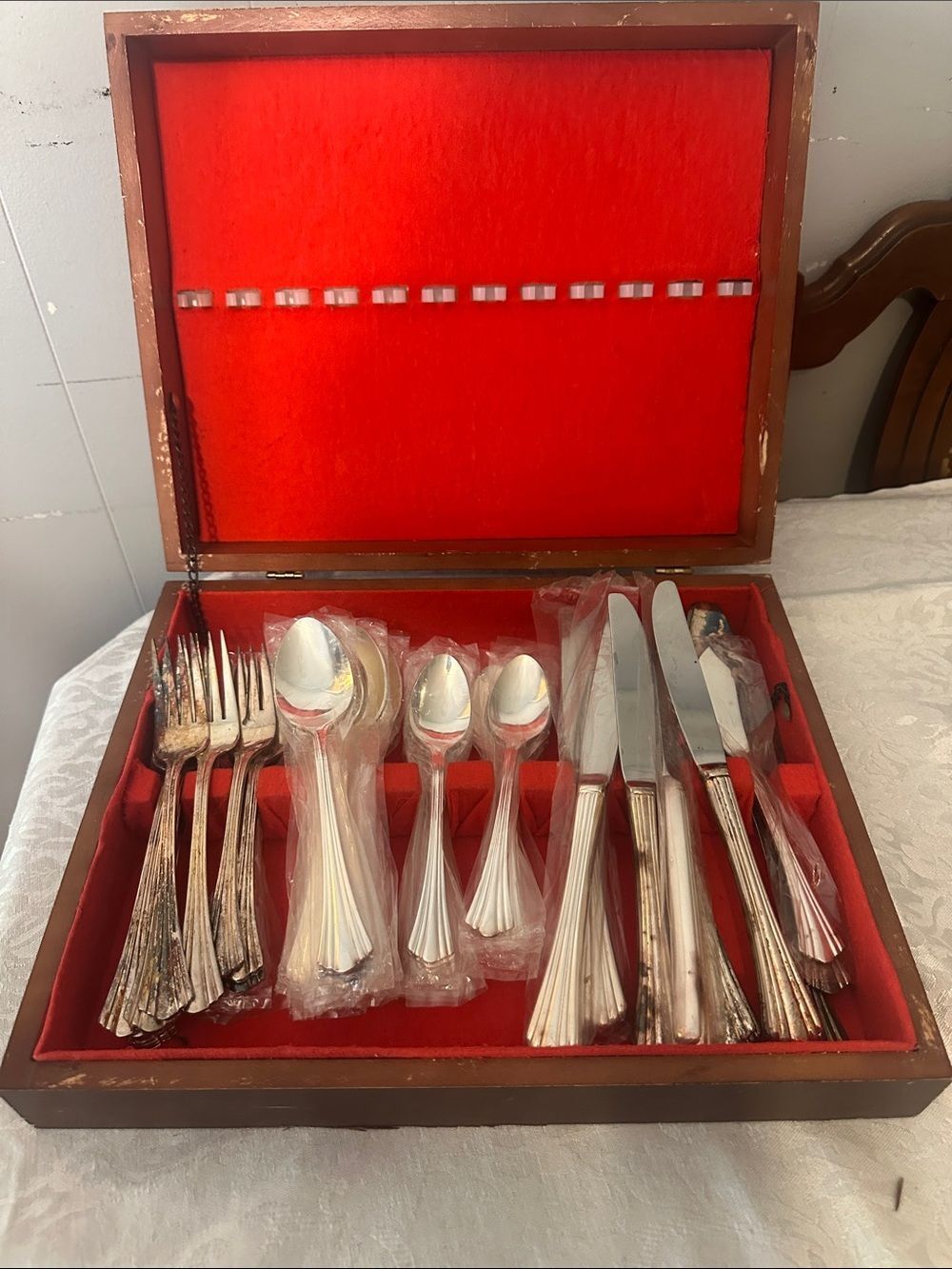 Classic Silver-Plated Flatware Set in Red Velvet Case. Used and factory sealed.
